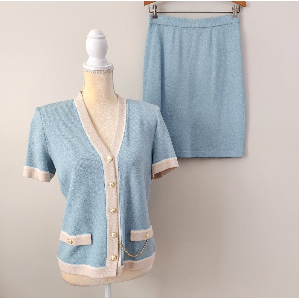 VTG ST. JOHN Marie Gray Size 6 Light Blue Santana Knit SS Jacket & Pencil Skirt - Picture 2 of 11